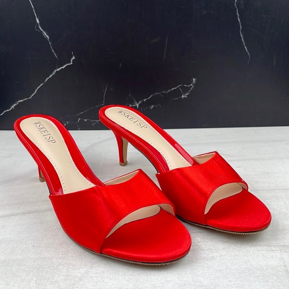 WSKEISP Women’s Peep Toe Slip On Mule Sandal Red Satin sz 8 - Picture 2 of 12